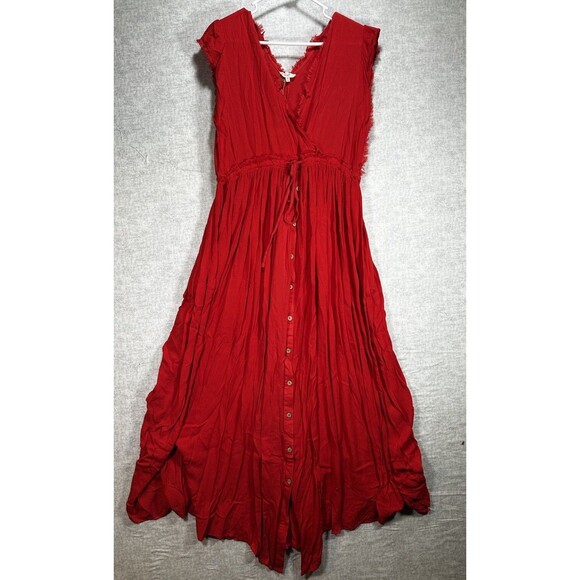 NWT Easel Los Angeles Womens Rayon Red Orange Knit Maxi Dress M Deep V Neck Belt - Picture 1 of 8